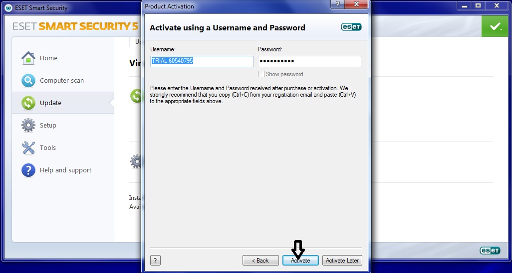 username and password eset endpoint security 5